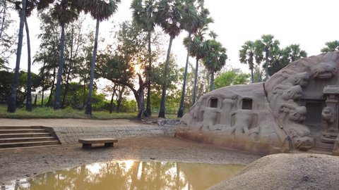 Tiger Cave Rock Temple 4K Stock footage. UNESCO World Heritage Site. Ancient Temple In Mahabalipuram, Mamallapuram, Tamil Nadu, India. Pallava dynasty