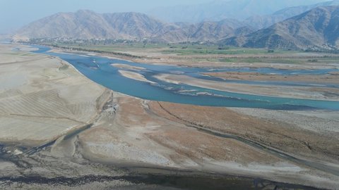 Beautiful view from river flow of Afghanistan by drone 