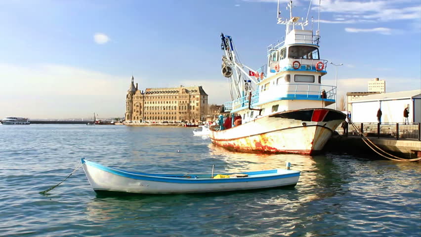 Fisher boats berthed in wharf in Kadikoy, Istanbul 