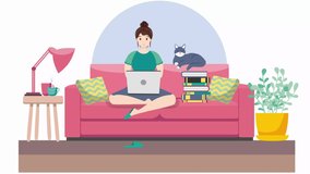 A woman works on a laptop at home on the couch. Freelance concept, quarantine due to covid-19. Happy young business woman talking with webcam, making remote online video conference.