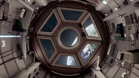 scifi Spaceship Corridor, shuttle interior of a moving spaceship based on the cupola space station (ISS) International space station. The POV moves along the corridor , earth view - Powered by Shutterstock - Get 15% off with code: PIKWIZARD15