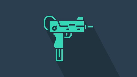 Turquoise UZI submachine gun icon isolated on blue background. Automatic weapon. 4K Video motion graphic animation.