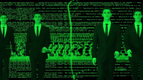 Animation of businessman cloned walking against glitching green data code