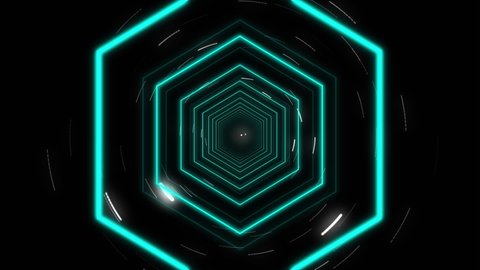 Animation of moving concentric blue neon hexagons distorting on cosmos background. energy, electricity, luminosity, colour and movement concept, digitally generated video.