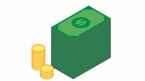 Dollar icon. Stack of dollar coinns and notes. Dollars stack money. Green dollar icon. Dollar coin stack. Golden coins stack. Currency animation in 4k.dollars in 4k.