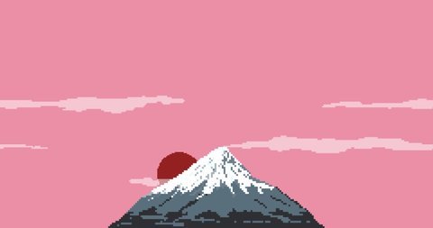 Fuji mountain at sunset and the red sun. Japan. Pixel art 8 bit animation