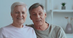 Elderly caucasian couple sitting on couch records video message talking waving their hands, overjoyed grey haired grandparents looks at camera chatting make hello gesture and blow kiss using webcam