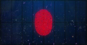 Animation of red biometric fingerprint over scope scanning and data processing. Digital interface global connection and communication concept digitally generated video.