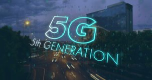 Animation of 5g 5th generation text flickering over cityscape in background. Digital interface global connection and communication concept digitally generated video.
