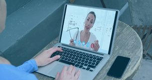 Animation of scope scanning and data processing over woman using laptop on video call. Digital interface global connection and communication concept digitally generated video.