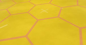 Animation of red glowing lines on network of hexagons on yellow background. Digital interface global connection and communication concept digitally generated video.