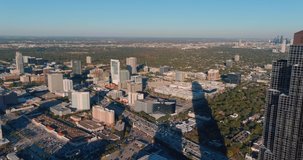 4k aerial shot of The Williams Tower in the  Mall area in Houston, Texas
