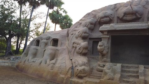 Tiger Cave Rock Temple 4K Stock footage. UNESCO World Heritage Site. Ancient Temple In Mahabalipuram, Mamallapuram, Tamil Nadu, India. Pallava dynasty