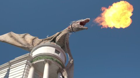 Orlando , Florida , United States - 12 21 2020: Dragon Breathes Fire in the Wizarding World of Harry Potter - Universal Studios Florida