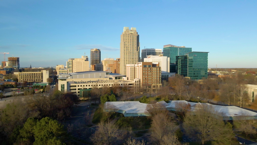 Drone shot of downtown Raleigh North Carolina, slowly flying in