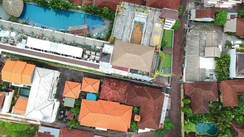 Aerial Vertical Overhead Rooftop View Of Legian Bali in Seminyak Indonesia.