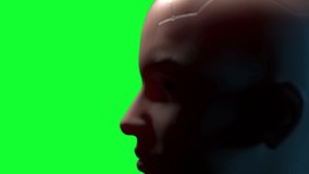 portrait of futuristic man with smooth camera zoom. concept of human future and technology development. video on green background