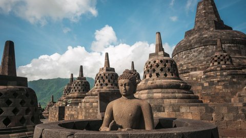 Time lapse view of the ancient ruins of Borobudur, a 9th-century Mahayana Buddhist temple in Magelang Regency near Yogyakarta in Central Java, Indonesia. 