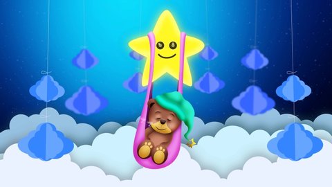 Cute bear cartoon sleeping on clouds, sleeping bear swing star, night fantasy, loop animation background.