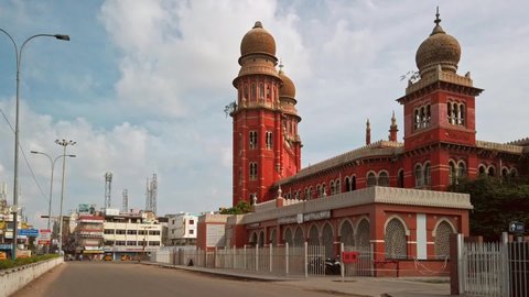 Chennai, India - Circa December 2019. View of Madras Law College building and High Court metro station in Chennai.