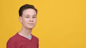 Teen Boy Blowing Kiss To Camera Posing On Yellow Studio Background. Portrait Of Male Teenager Kid Sending Air Kisses. Love And Romance, Valentine's Day Holiday And Romantic Relationship Concept