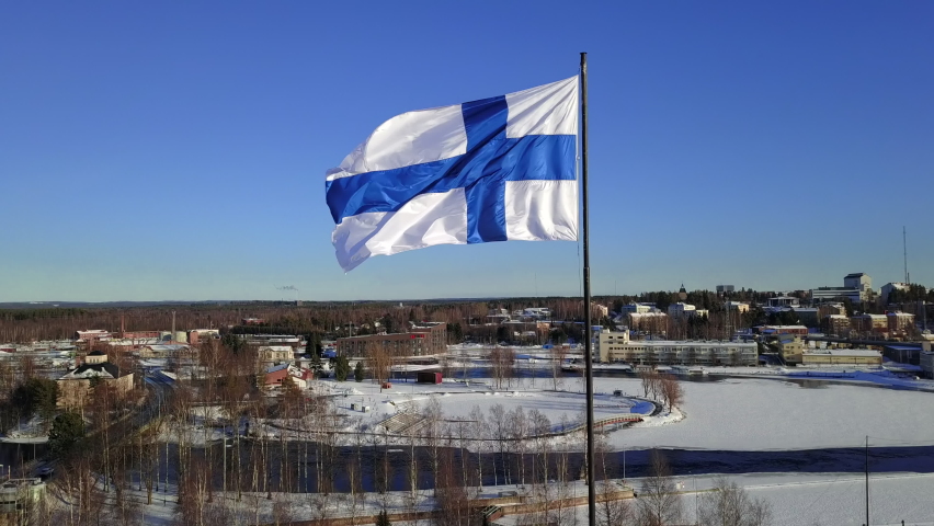 Aerial view of Finnish flag on the tower of Town Hall in Joensuu, Finland.