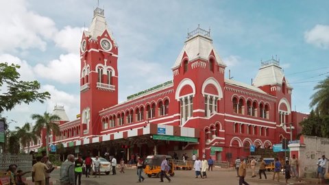Chennai, India - Circa December 2019. View of Chennai Central railway station in sunny day.