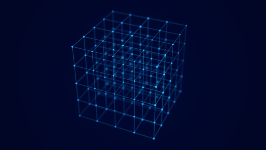 Abstract wireframe cube. Digital blockchain concept. Futuristic blue background with dots and lines. 3D rendering. Royalty-Free Stock Footage #1067580611
