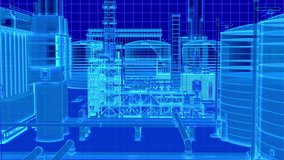 High camera view moving forward to blue neon light wireframe on oil refinery building futuristic digital ,3D rendering footage. - Powered by Shutterstock - Get 15% off with code: PIKWIZARD15