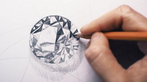 Close up of hand drawing a glass crystal. High quality audio included. ASMR scratching sound of graphite pencil. Geometric pattern. Original artwork. 