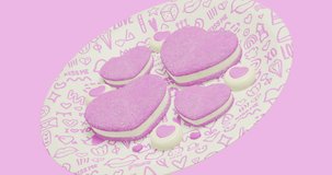 Minimal motion design. 3d creative pink cookies heart at plate in pink abstract space. Donuts lover, Sweet, candy,party shop, birthday party, valentines day, greatings concept 4k video