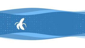 Animation of blue banner waves movement with white peeled banana symbol on the left. On the background there are small white shapes. Seamless looped 4k animation on white background