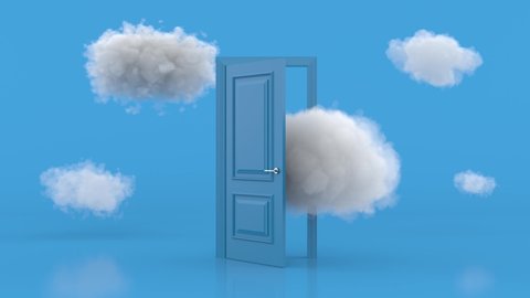 White clouds going through, flying out, open blue door, objects isolated on bright blue background. Abstract metaphor, modern minimal concept. Surreal dream scene. 3d animation loop, 4K