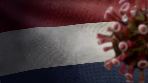 3D illustration Dutch flag waving and Coronavirus 2019 nCov concept. Asian outbreak in Netherlands, coronaviruses influenza as dangerous flu strain cases as a pandemic. Microscope virus Covid19-Dan