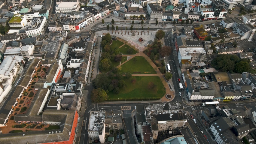 Drone shot of Galway City, Eyre Square. Aerial city shot.