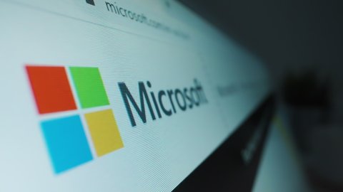Melbourne, Australia - Feb 16, 2021: Motorized moving shot of Microsoft logo on its website