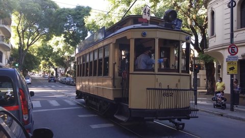 Buenos Aires, Argentina - January 2021: Historic Streetcar in the Caballito district, Buenos Aires, Argentina. Slow Motion. 4K Resolution.
