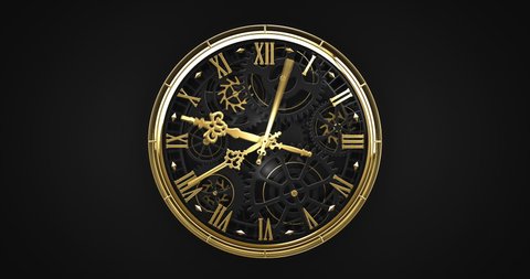 Handmade gold clock in close-up zoom. And the second part as an endless loop of running clock time. Two parts in one 4k video.