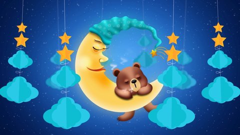 Cute bear cartoon sleeping on moon, night sky, night fantasy, loop animation background.
