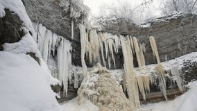 4k footage of a beautiful frozen waterfall in winter
