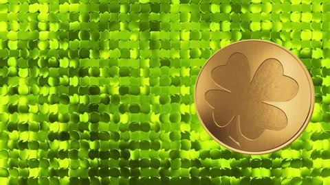 4K St. Patrick's Day symbols Horseshoe gold background. Shamrock luck. Patrick Day coins with shamrock leaf. Patrick Day pub party.