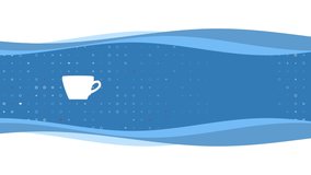 Animation of blue banner waves movement with white coffee cup symbol on the left. On the background there are small white shapes. Seamless looped 4k animation on white background