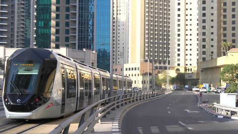 DUBAI, UAE - FEBRUARY 20, 2020: Morning view for the new tram service in the city of Dubai, United Arab Emirates
