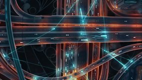 Intelligent Vehicles Cars Communicating Ai Logistic Autonomous Delivery Vehicles IoT GPS Tracking Satellite 5G Smart Roads Traffic Road Junction Interchange Motorway Triangulation Of Traffic Data - Powered by Shutterstock - Get 15% off with code: PIKWIZARD15