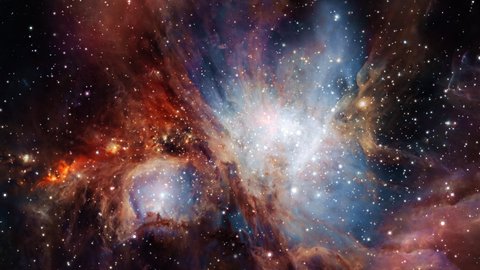 The Orion nebula exploration on deep space. 4K Flight Into the Orion Nebula also known as Messier 42, M42, NGC 1976. Elements furnished by NASA image. 3D animation Traveling through star fields.