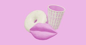 Minimal motion design. 3d creative glazed donuts, lips and plastic cup in pink abstract space. Donuts lover, Sweet, candy,party shop, birthday party, greatings concept 4k video