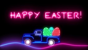 Happy Easter. Neon line Easter eggs icon isolated on black background. Colorful easter text.  4K Video motion graphic animation. 