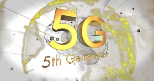 Animation of 5g 5th generation text over globe and network of connections in background. Digital interface global connection and communication concept digitally generated video.