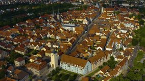 Aerial view of the city Hassfurt in Germany  on a sunny day in spring. 