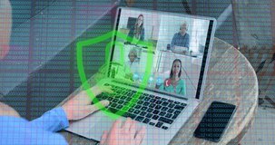 Animation of digital online security padlock over woman using laptop on video call. Digital interface global connection and communication concept digitally generated video.